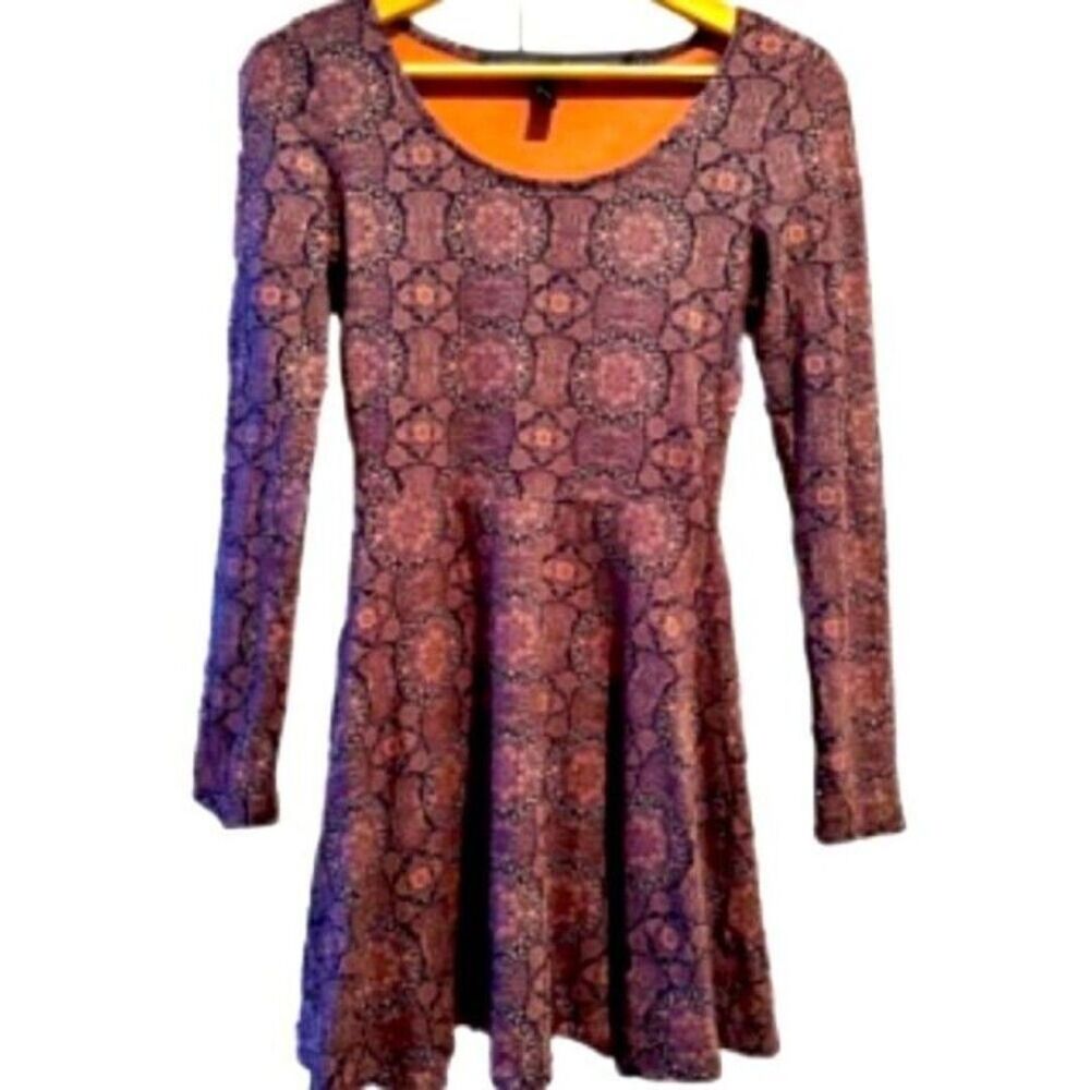 Forever 21 Brown Print Mini Dress Small Long Sleeve Boho Y2K 90s Cottagecore - Picture 1 of 2